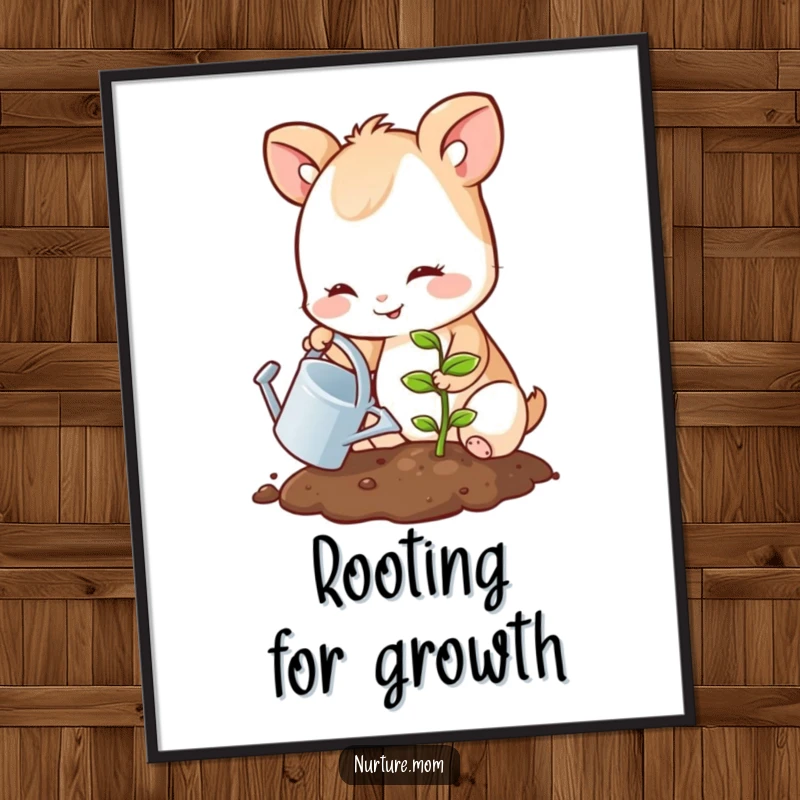 Funny digital art print of a small, smiling animal watering a sprouting seedling, symbolizing growth and care.