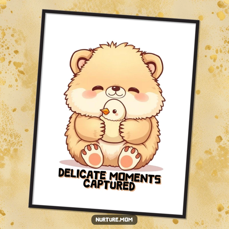 Funny digital art print captures a fluffy animal's gentle paws cradling a baby bird, a humorous and tender digital artwork for home decor.