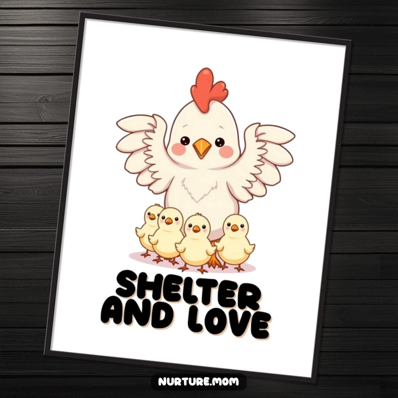 Funny digital art print of a kawaii chicken mom protecting chicks under her outstretched wings, ready for framing.