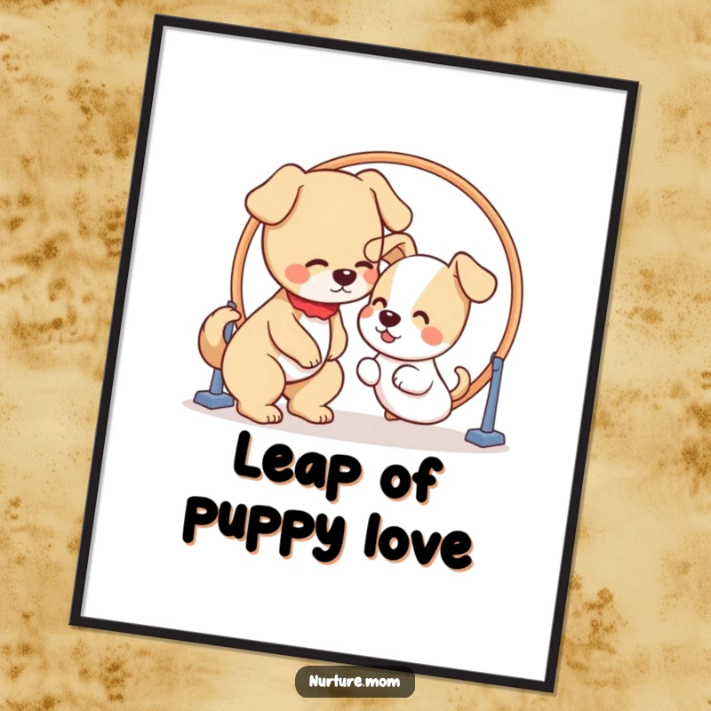 Funny digital art print of a kawaii dog mom patiently guiding a puppy through a hoop, ready for framing.
