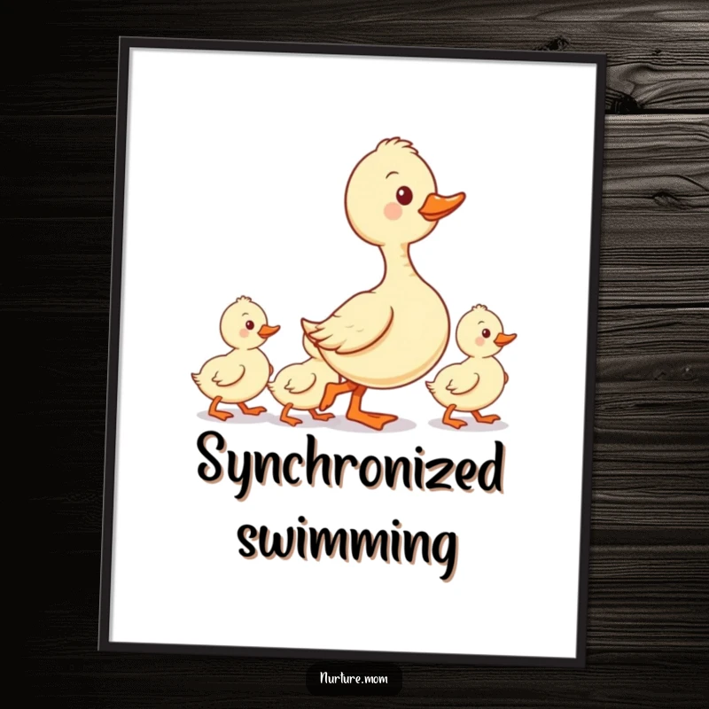 Funny digital art print of a kawaii duck mom leading her ducklings in a neat line, ready for framing.