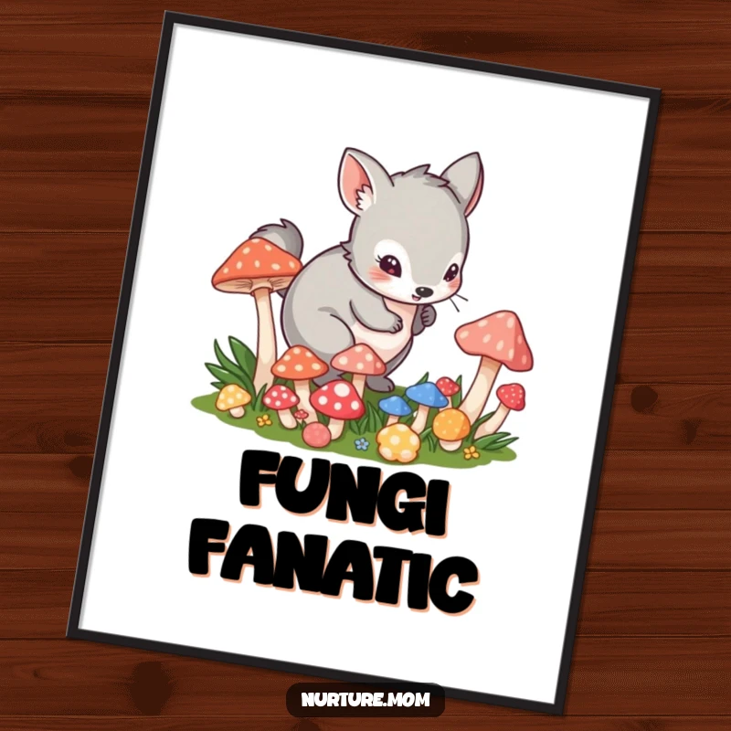 Funny digital art print of a small animal in a playful crouch tending to vibrant mushrooms, symbolizing fun.