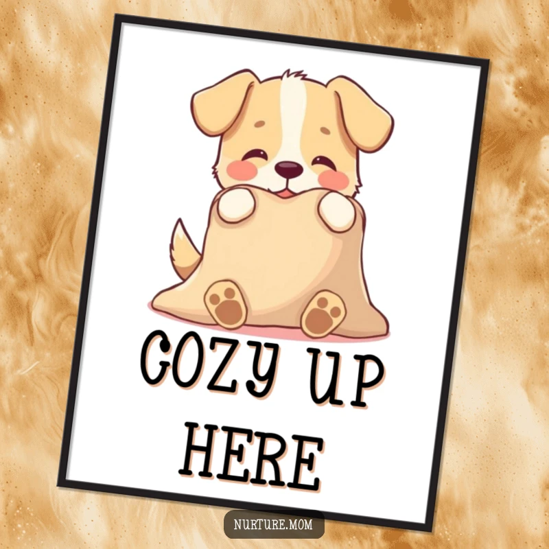 Funny digital art print of a playful dog character tenderly offering a warm blanket, a humorous and charming illustration for instant decor.