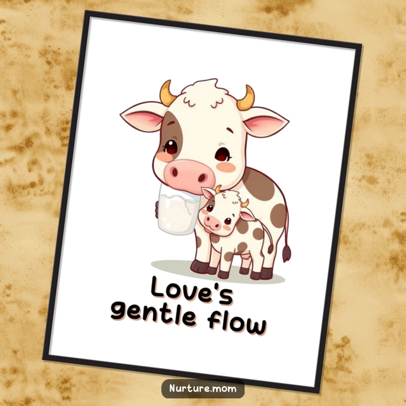 Funny! Digital art print of a contented cow mom character offering milk to her calf, perfect for adding cozy farmyard humor.