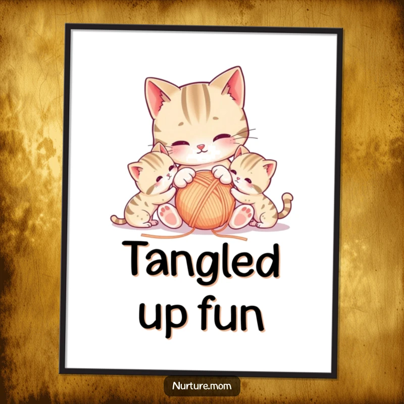 Funny kawaii mother cat and kittens playing with yarn, high-resolution digital art print.