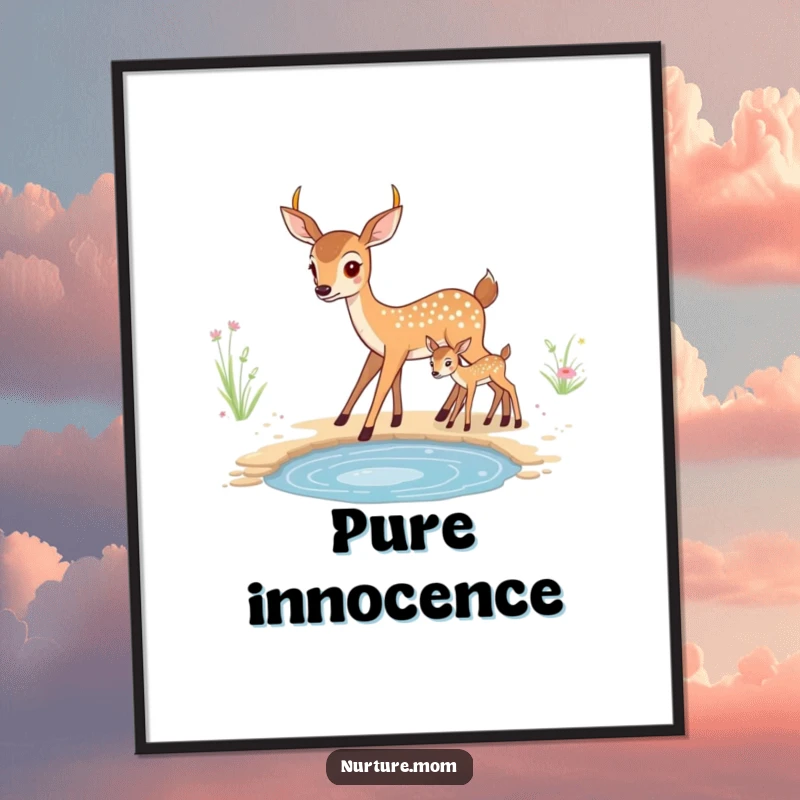 Funny kawaii mother deer leading her fawn to water, high-resolution digital art print.