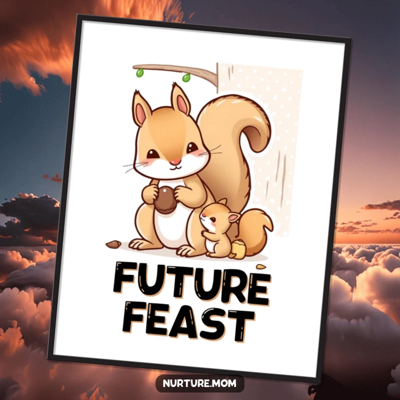 Funny kawaii mother squirrel teaching nut storage, high-resolution digital art print.