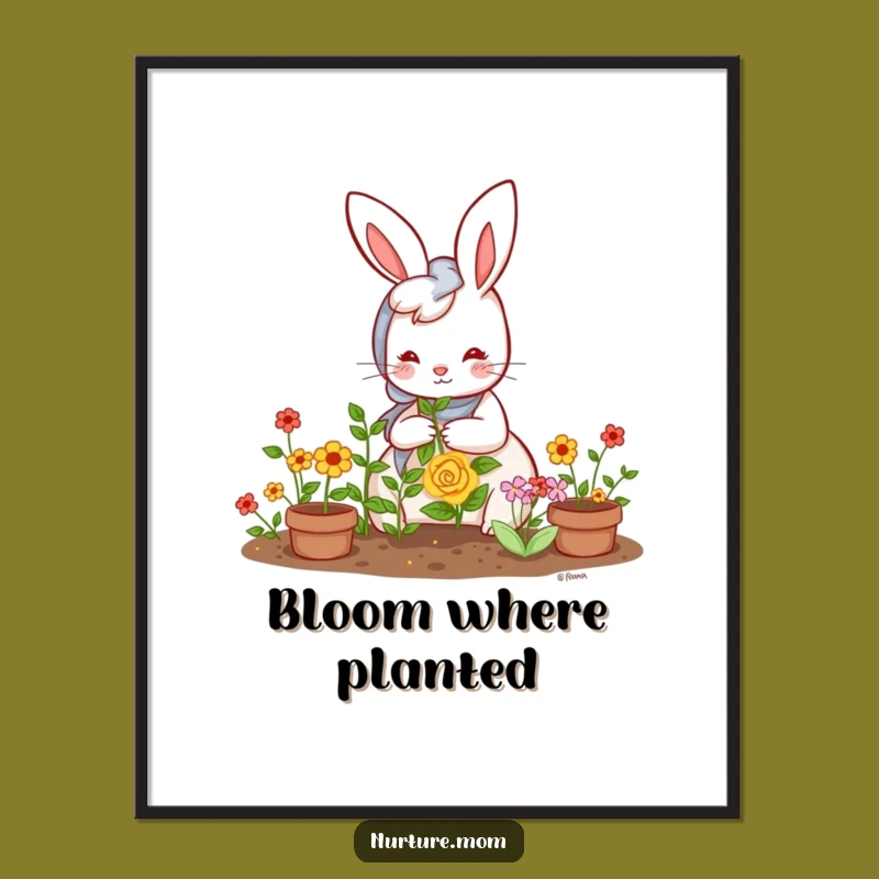 Funny Kawaii Rabbit Mom Digital Art: Cute Garden Scene, Instant Hilarious Download Gift