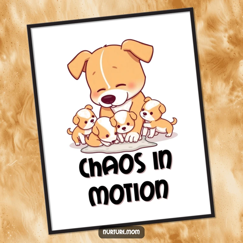 Funny Digital Art Print of a mom dog humorously tidying up the playful puppy mess, bringing smiles.