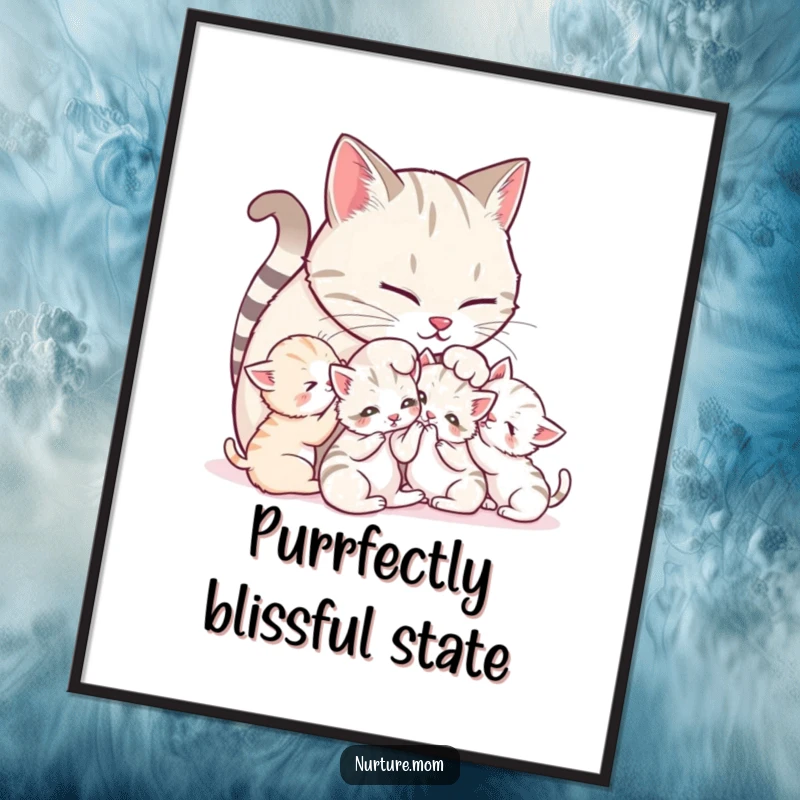 Funny Mother Cat Art Print: Digital artwork of a mother cat grooming her playful kittens, for charming decor.