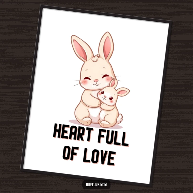Funny Nurturing Rabbit Hug Digital Art Print of a mother rabbit holding a baby bunny close, ready for printing.
