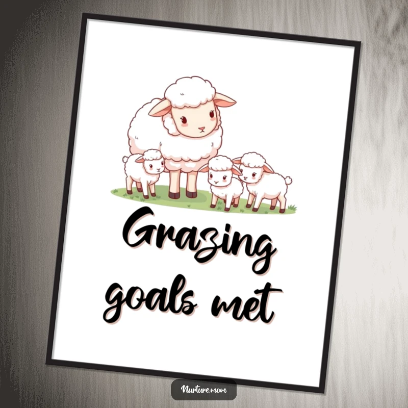 Funny gentle mother sheep watching baby lambs, instant download wall art, cute nursery decor.