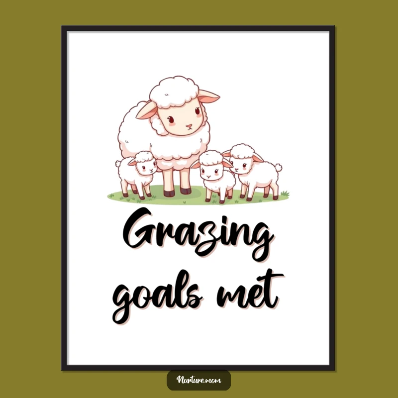 Funny Sheep Mom Art Print: Gentle Guardian Scene, Cute Pastoral Motherhood Decor Gift