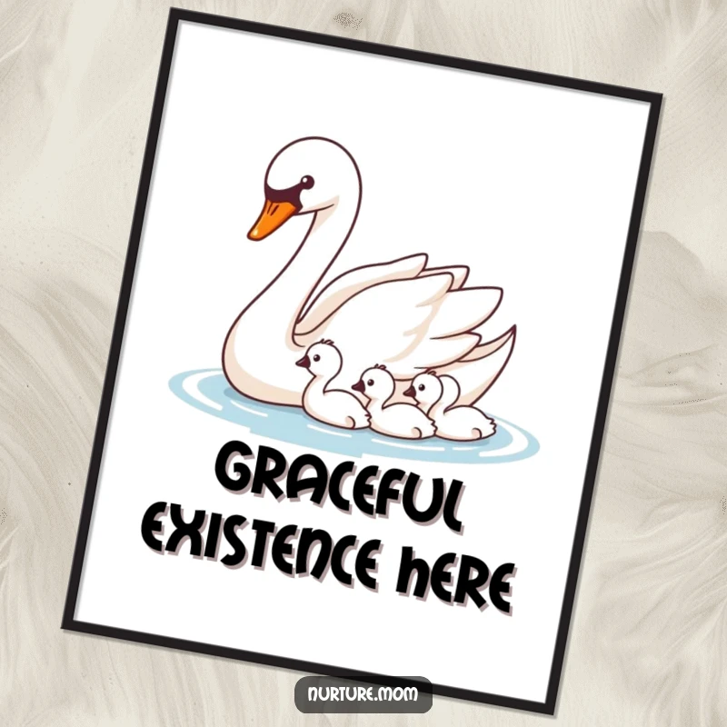 Funny Swan Art Print: Digital artwork of a mother swan guiding her cygnets, symbolizing grace and mentorship.