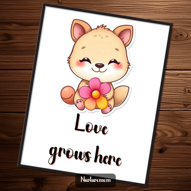 Funny animal digital art print of a creature with a loving gaze, holding out a flower, perfect for humorous wall decor.