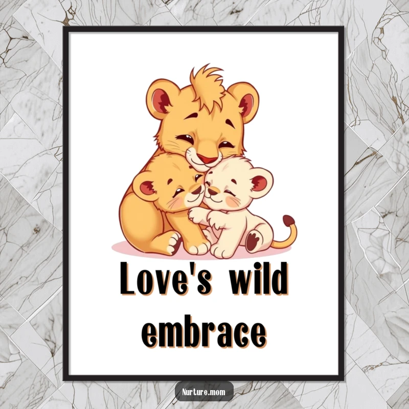 Funny! Digital art print of a nurturing lioness cub grooming her playful offspring, perfect for adding love and gentle humor to decor.