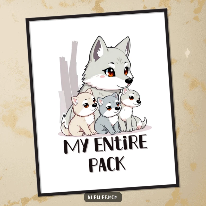 Funny wolf mom digital art print of a watchful mother wolf guarding her adorable pups.