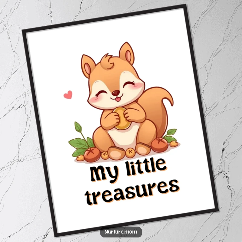 Funny! Digital art print of a kawaii squirrel mom character gathering nuts with a loving expression, perfect for adding cute woodland humor.