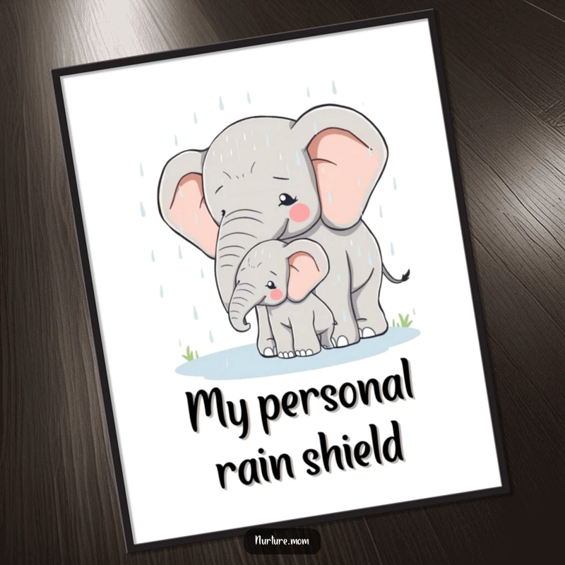 Digital Art Print depicting a mother elephant protectively shielding her young calf from the rain.
