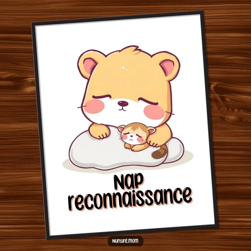 Funny digital art print of a large animal attentively watching a tiny creature in deep sleep.