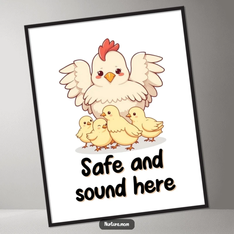 Funny Hen Art Print: Digital artwork of a hen shielding her chicks, for cozy and protective decor.