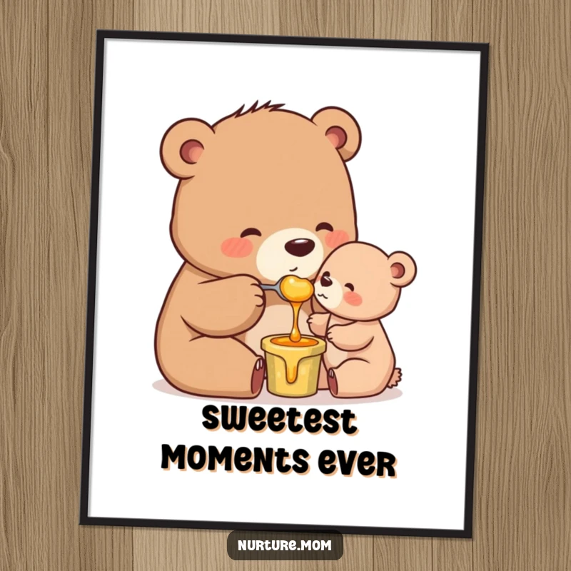 Funny Mama Bear Art Print: Digital download of a mother bear feeding honey to her cub, celebrating gentle parenting.
