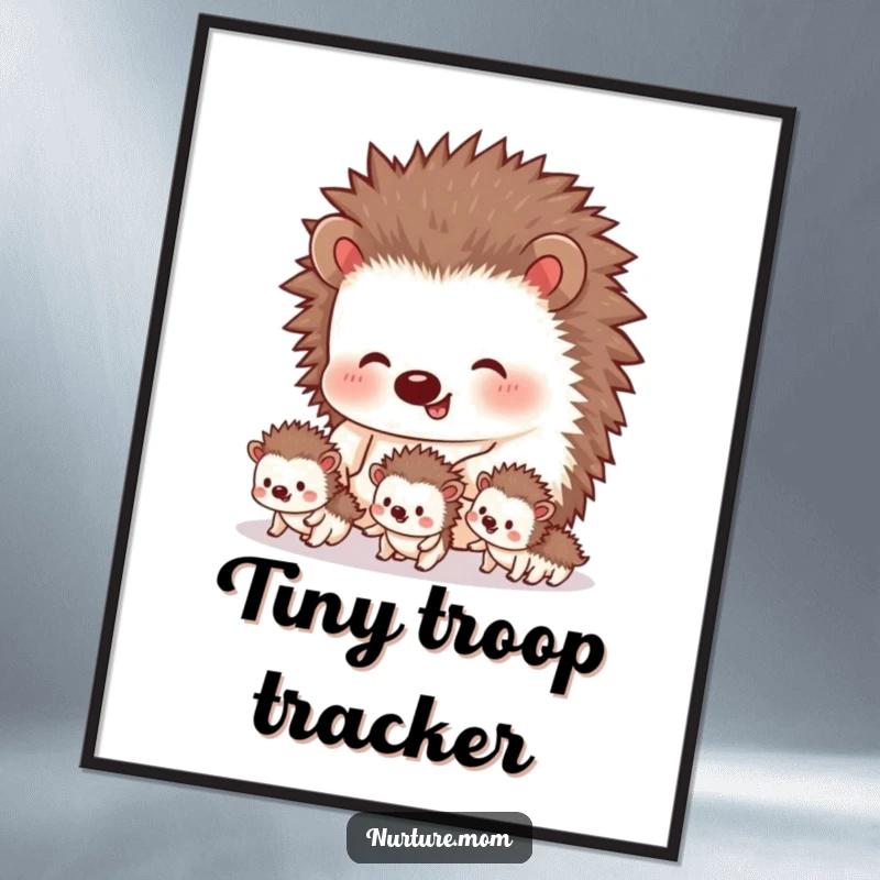 Funny hedgehog digital art print of a mother guiding her tiny siblings, a cute and humorous illustration for instant wall decor.