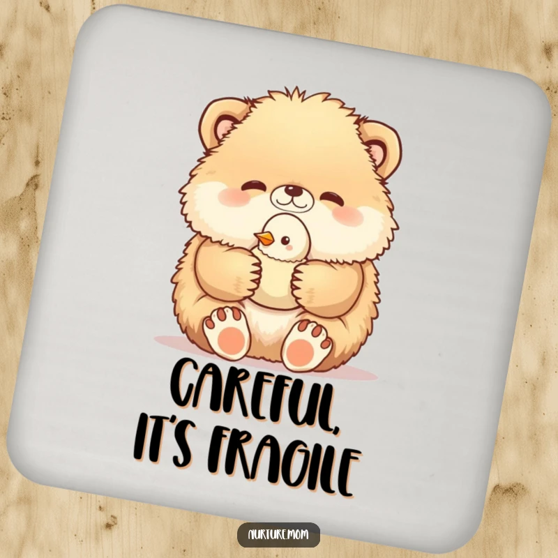 Funny drink coasters displaying a fluffy animal's paws carefully holding a baby bird, a sweet and humorous addition to any table setting.
