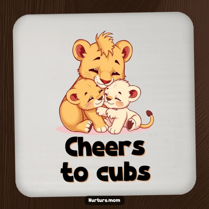 Funny! Set of drink coasters featuring a nurturing lioness cub grooming her playful offspring, adding wild charm and humor to tabletops.