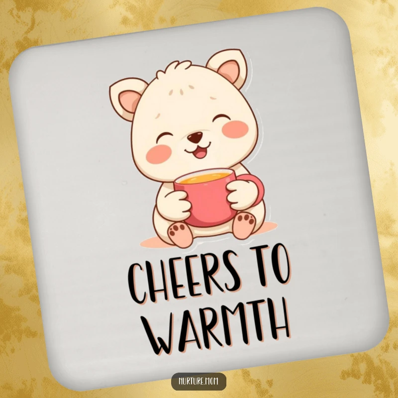 Funny drink coaster with a gentle animal offering a warm cup, bringing cozy hospitality to tabletops.