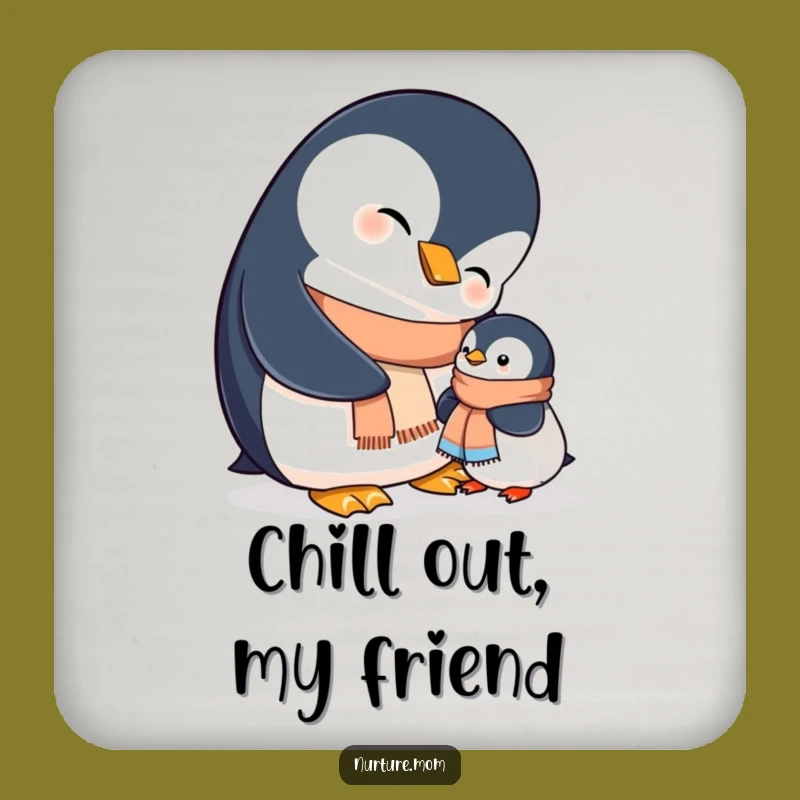 Funny Mama Penguin Helping Chick Scarf Coaster - Table Protection