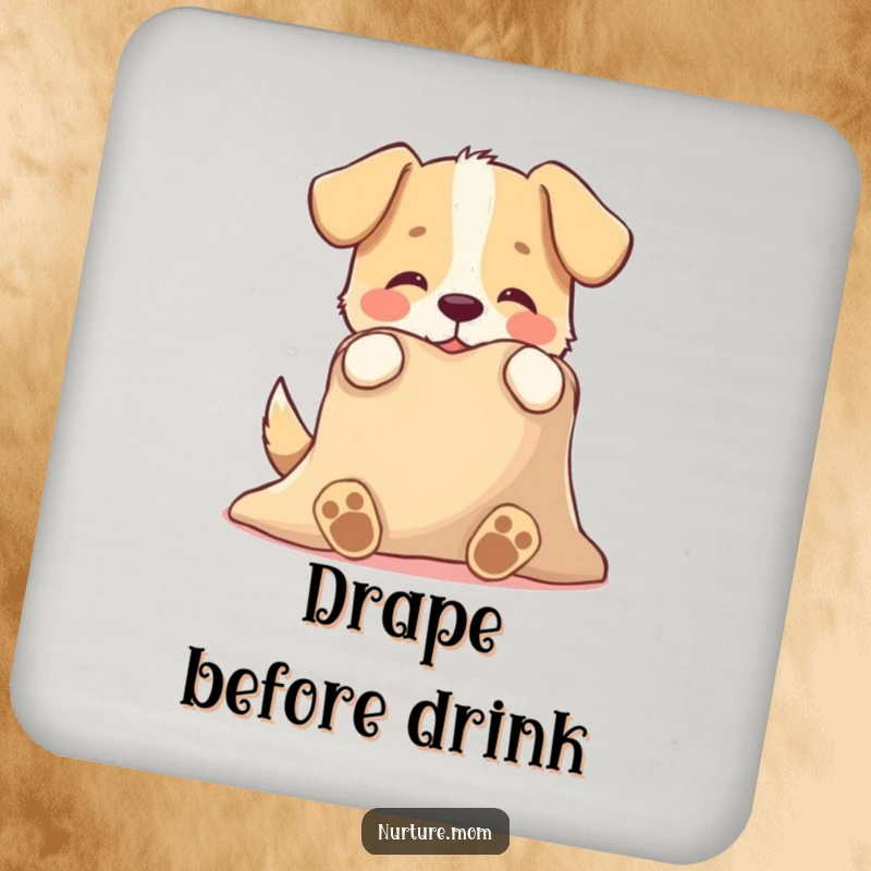 Funny drink coaster with a playful dog character tenderly offering a warm blanket, a humorous and protective accessory for tables.