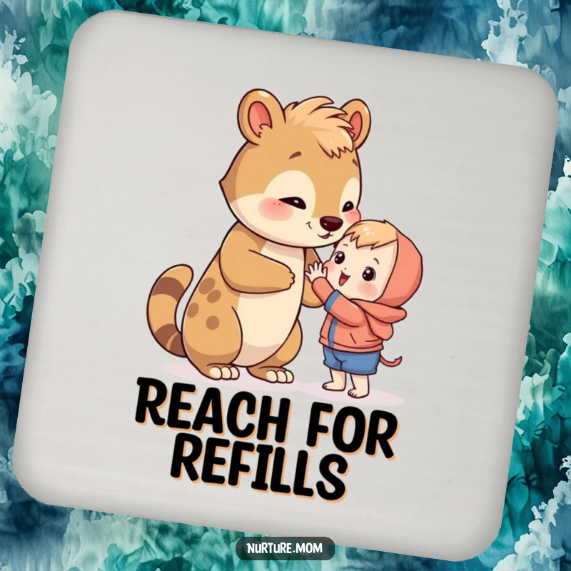 Funny animal teaching a little one to reach, adding gentle humor to coasters.