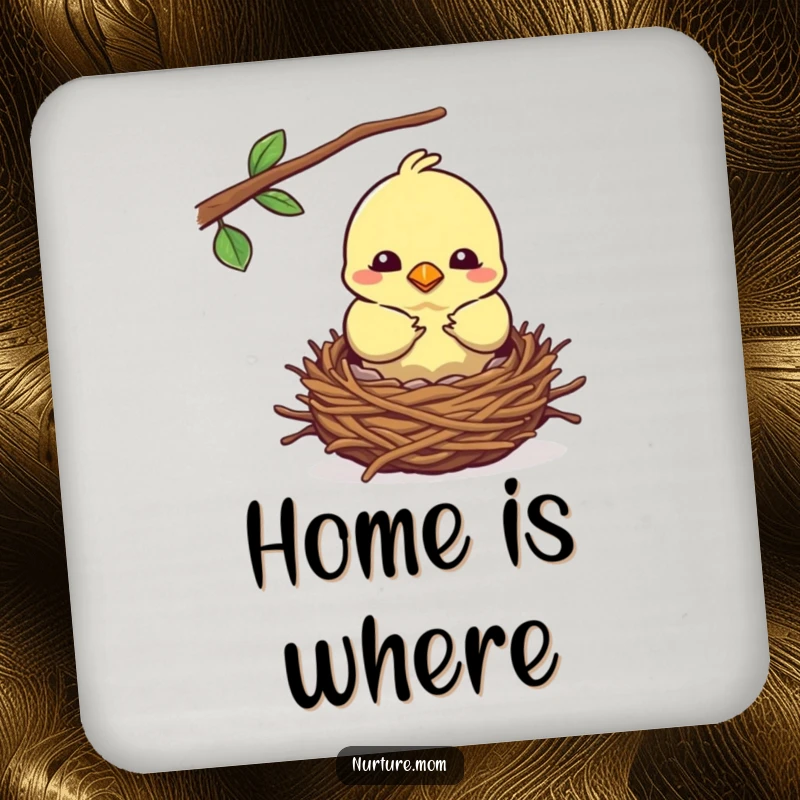 Funny kawaii mother bird building a cozy nest on a drink coaster, protecting surfaces.