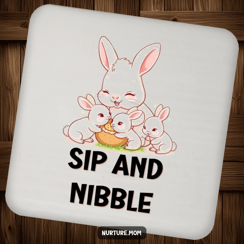 Funny nurturing mother rabbit feeding hungry bunnies, cute coasters, adds charm to home decor.