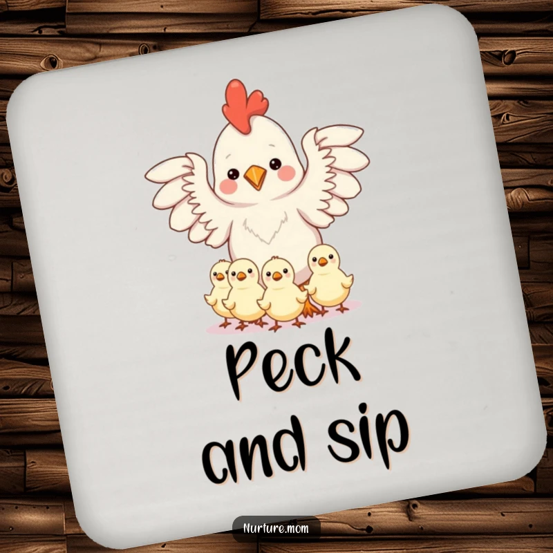 Funny set of drink coasters with a kawaii chicken mom protecting chicks under her outstretched wings, symbolizing care.