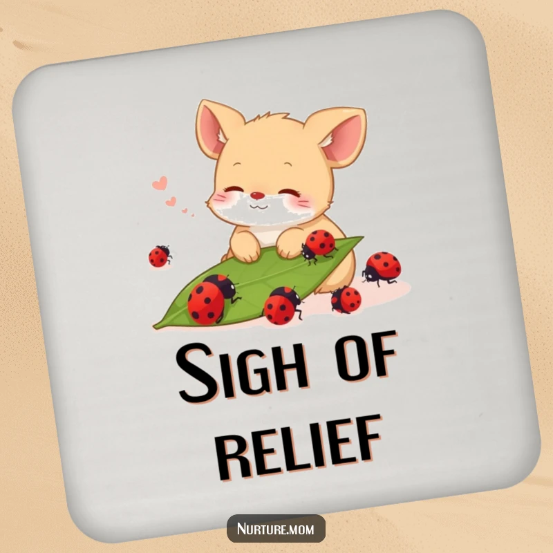 Funny coasters set with a small animal sighing contentedly while watching ladybugs crawl on a leaf, protecting tables.