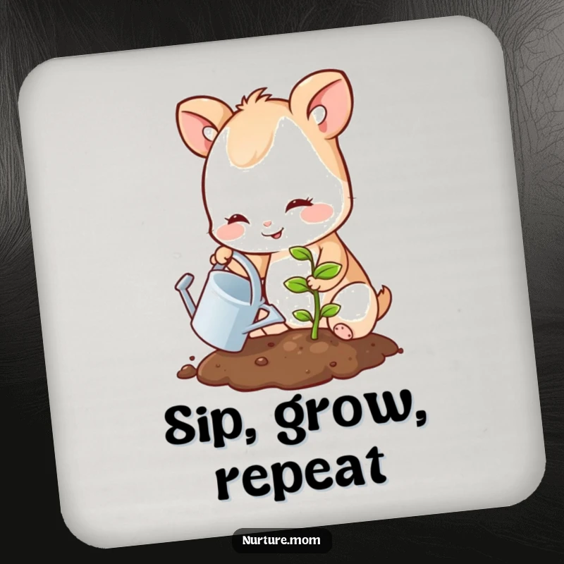 Funny coasters set with a smiling animal watering a sprouting seedling, protecting surfaces with cute garden art.