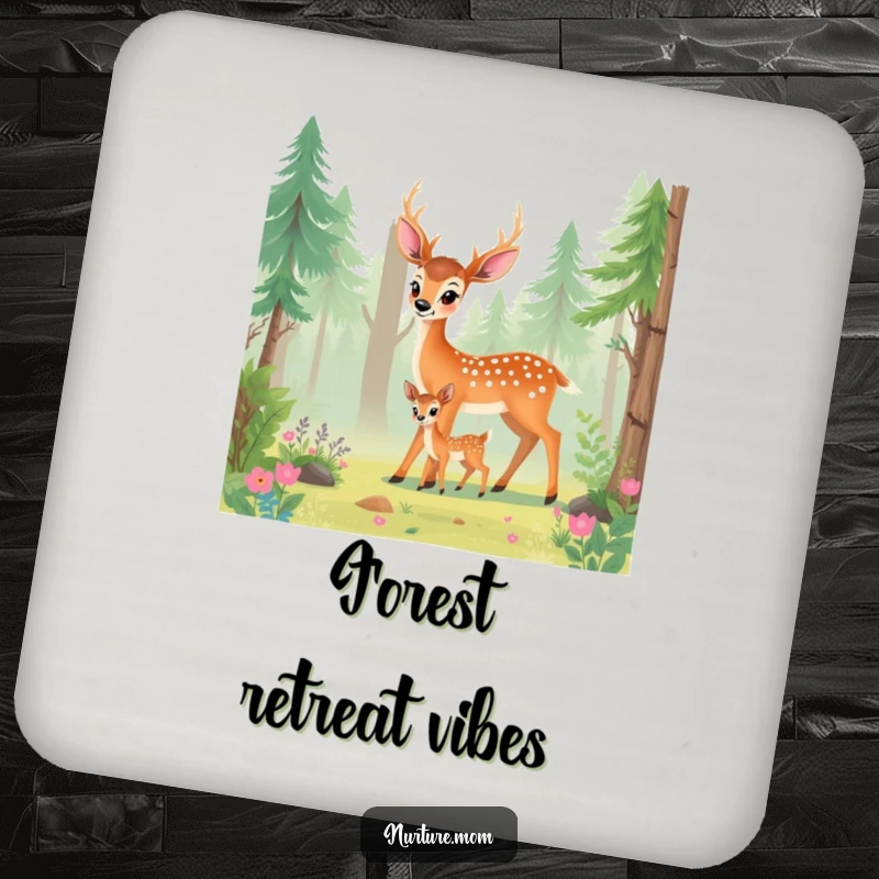 Funny deer mom coasters featuring a mother deer and fawn illustration in a forest setting.