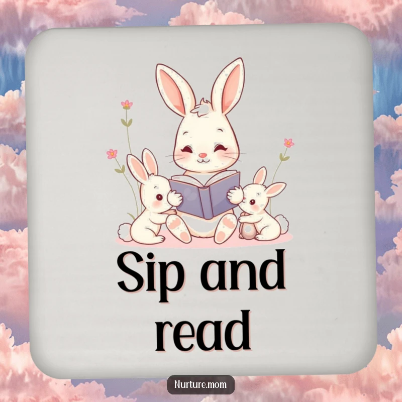 Funny kawaii mama bunny reading a storybook to her kits drink coaster, a cute and functional accessory for any home.