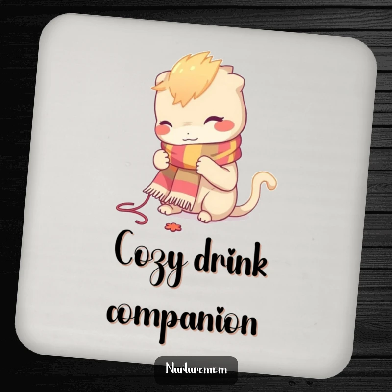 Funny drink coaster with a creature concentrating on knitting a small, colorful scarf, adding crafty charm.