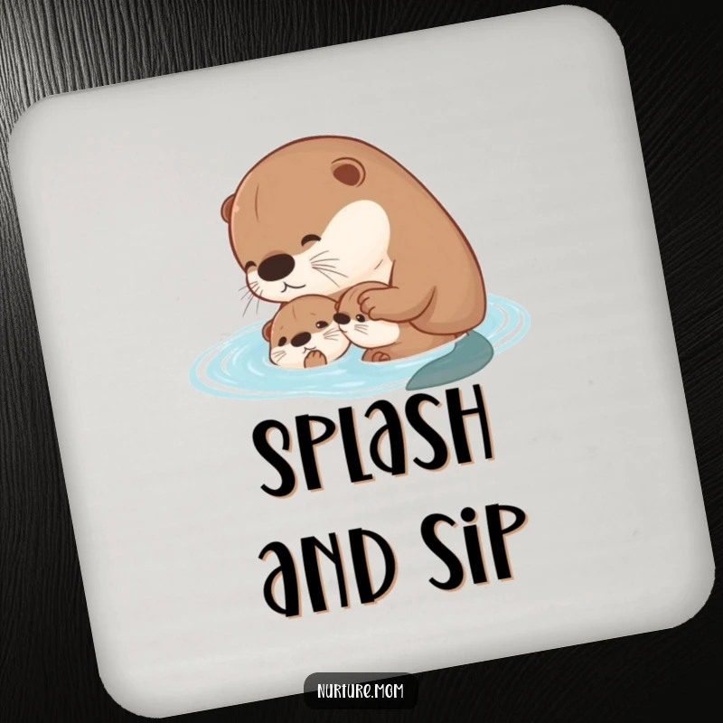 Funny kawaii mother otter teaching her pup to swim on a drink coaster, protecting surfaces.