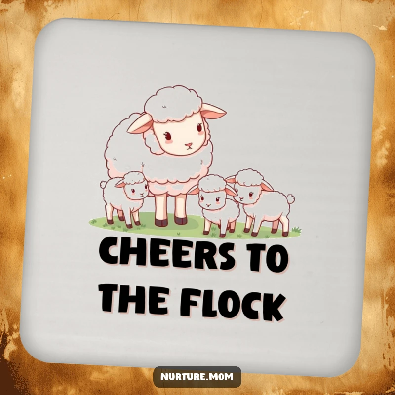 Funny gentle mother sheep watching grazing baby lambs, cute coasters, adds charm to home decor.