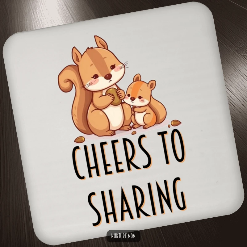 Funny Squirrel Sharing Nuts Coasters featuring a contented squirrel sharing nuts with a smaller one, protecting surfaces with humorous generosity.