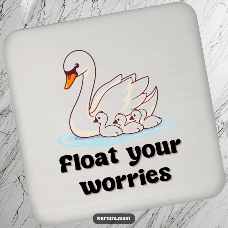 Funny Swan Coaster: Elegant mother swan with cygnets, protecting surfaces with graceful humor.