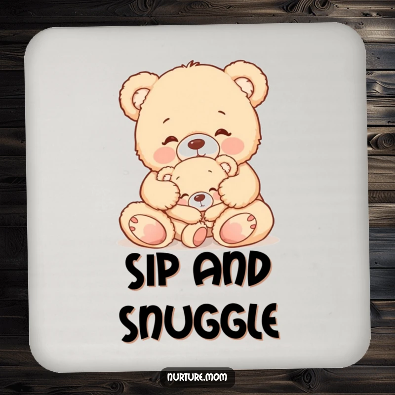 Funny drink coaster with a cute teddy bear mom gently tucking in her sleepy baby bear, offering protection and tender charm.