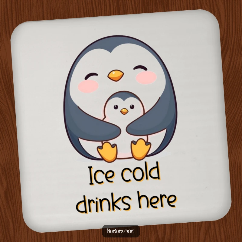 Coaster set featuring a mother penguin holding her chick close for warmth, symbolizing cuddles.