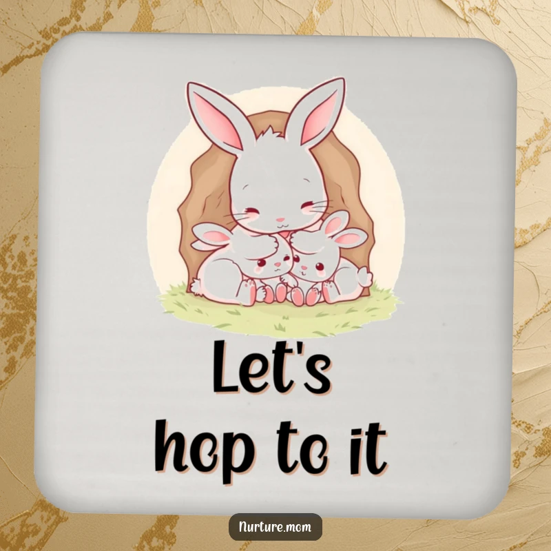 Funny Mother Rabbit Coaster: Cute mother rabbit tucking babies into a burrow, protecting surfaces with adorable humor.