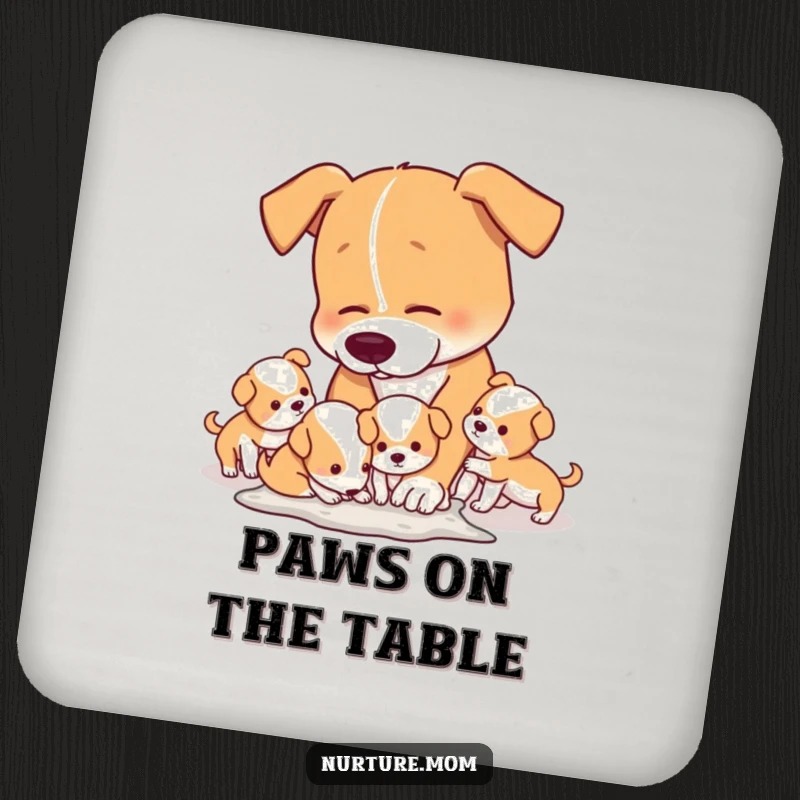 Funny Drink Coaster featuring a mom dog humorously dealing with the playful messes of her energetic puppies.