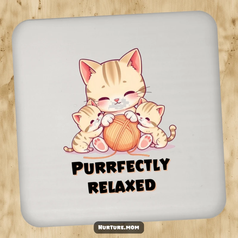 Funny kawaii mother cat and kittens playing with yarn on a protective drink coaster.